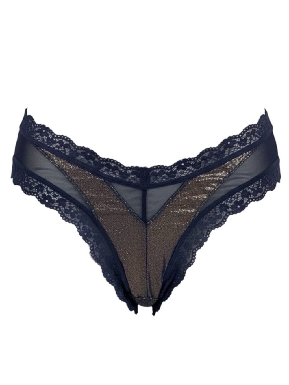 NWOT Victoria’s Secret Lace and Shine Navy Cheeky Tanga Panties Size L